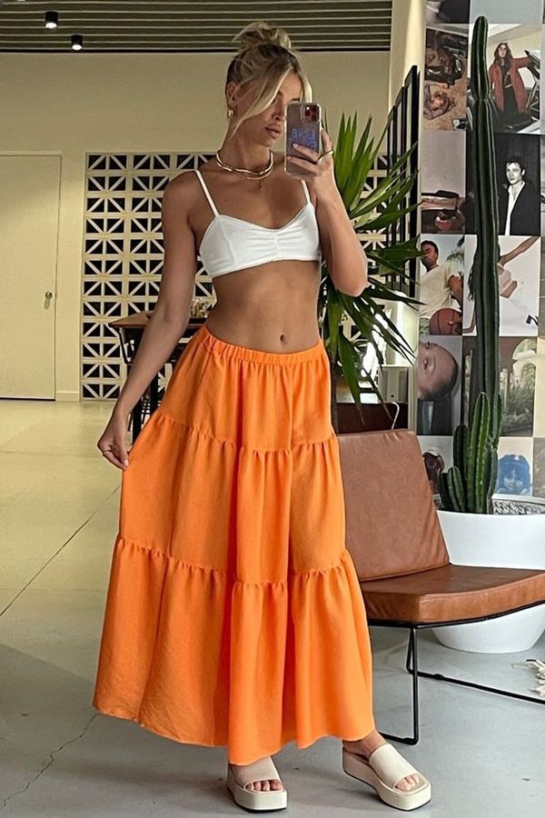 Madmext Madmext Orange Basic Pleated Women's Long Skirt