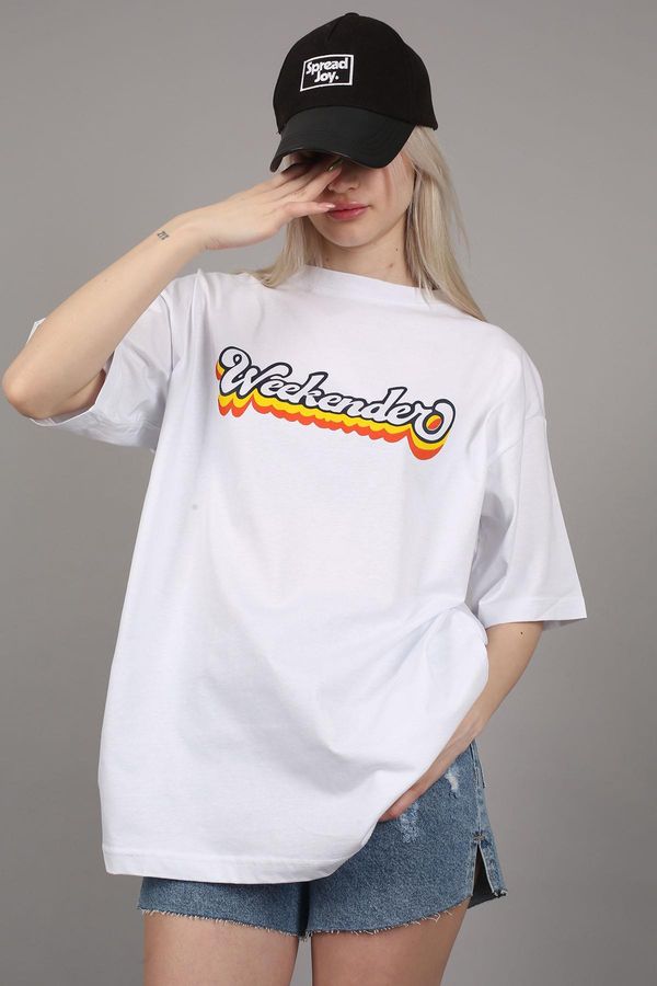Madmext Madmext Oversized Round Neck Women's White Printed T-Shirt
