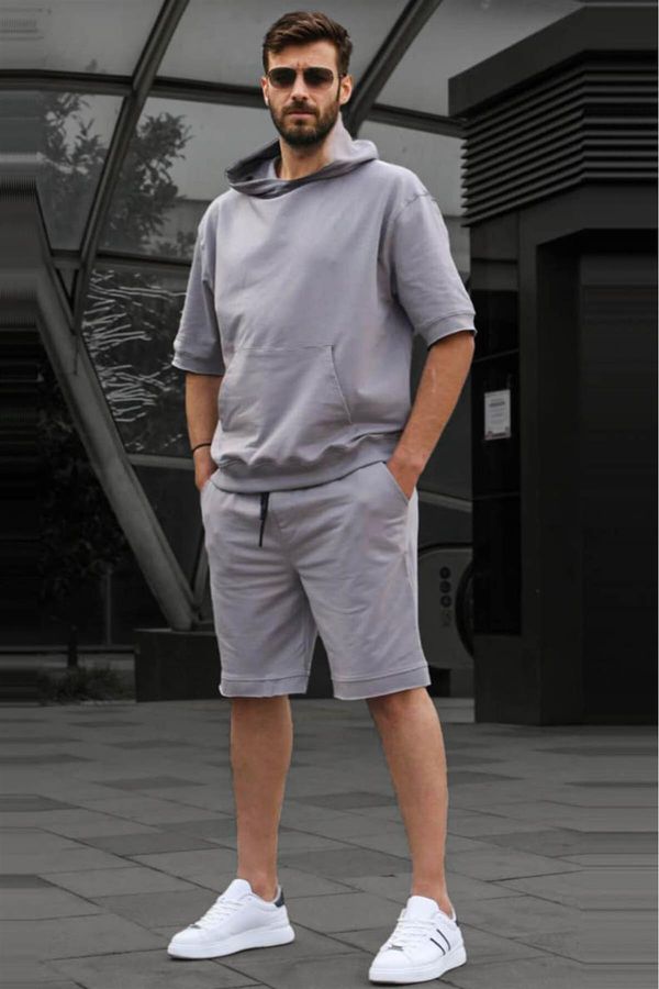 Madmext Madmext Painted Gray Hooded Shorts Set 5919
