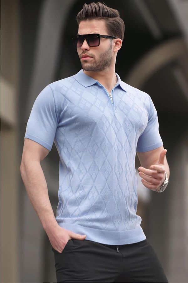 Madmext Madmext Patterned Knitwear Blue Polo Neck T-Shirt 6357