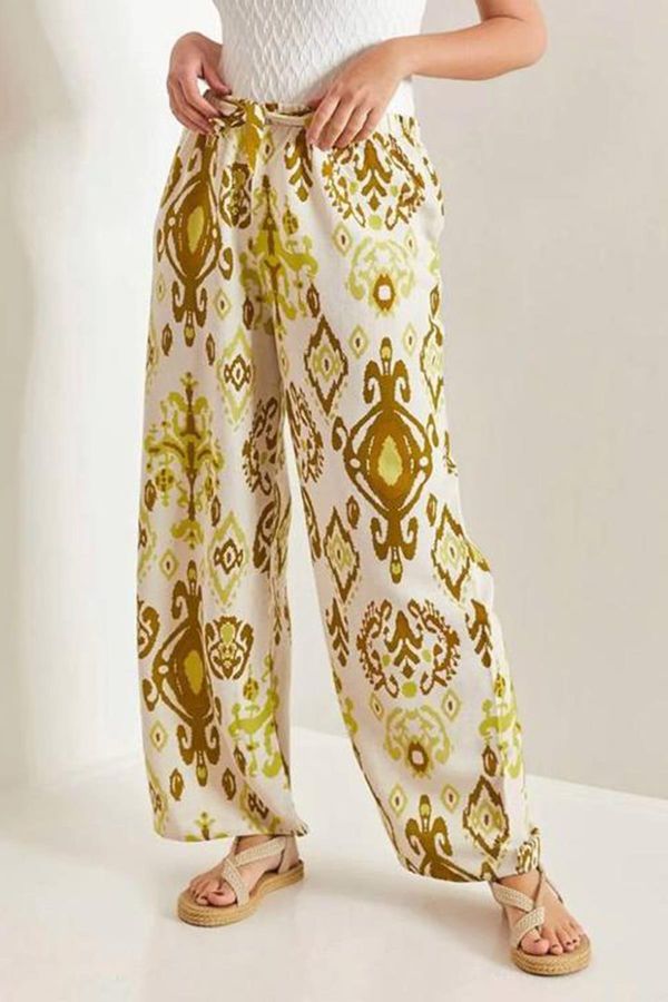 Madmext Madmext Patterned Oil Green Wide Leg Linen Trousers