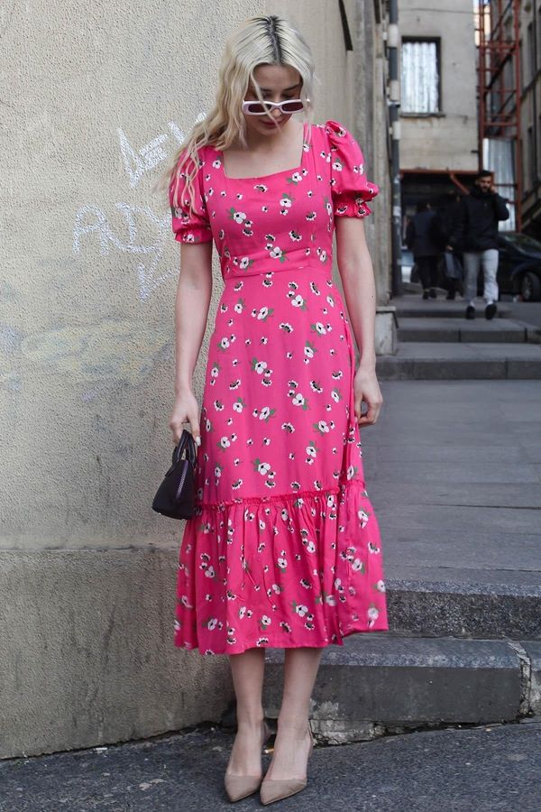 Madmext Madmext Pink Floral Patterned Balloon Sleeve Midi Dress