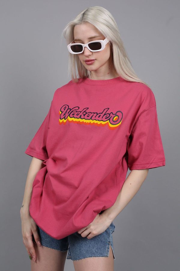 Madmext Madmext Pink Printed Oversize Round Neck Women's T-Shirt