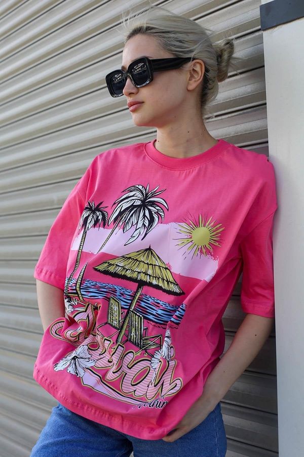 Madmext Madmext Powder Pink Printed Crew Neck Women's T-Shirt