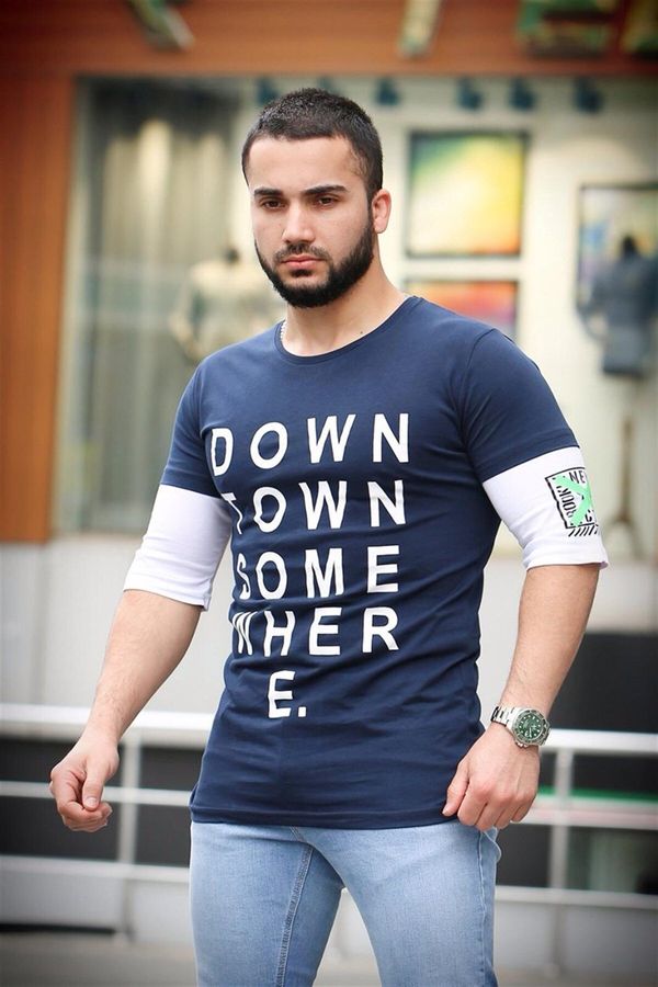 Madmext Madmext Printed Sleeve Detailed Navy Blue T-Shirt