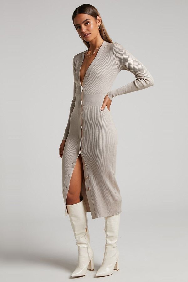 Madmext Madmext Stone Color Buttoned V-Neck Long Knitwear Dress