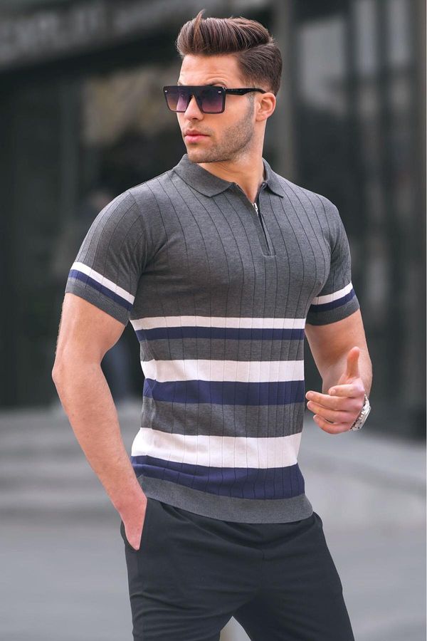 Madmext Madmext Striped Knitwear Anthracite Polo Neck T-Shirt 6356