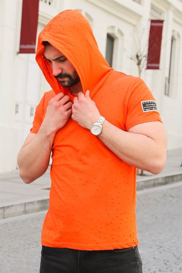 Madmext Madmext Torn Detailed Orange Hooded T-Shirt 3069