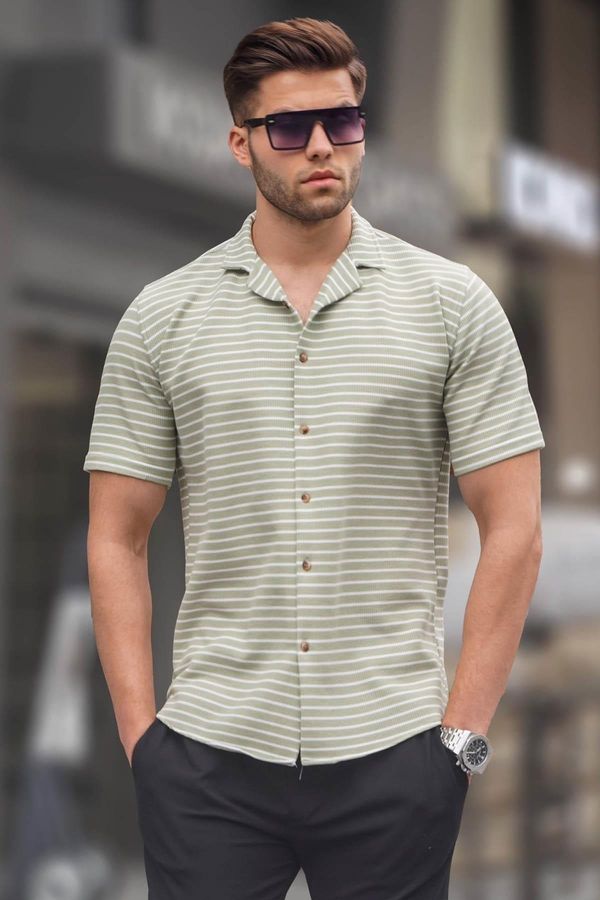 Madmext Madmext Water Green Striped Slim Fit Men's Short Sleeve Shirt 5591