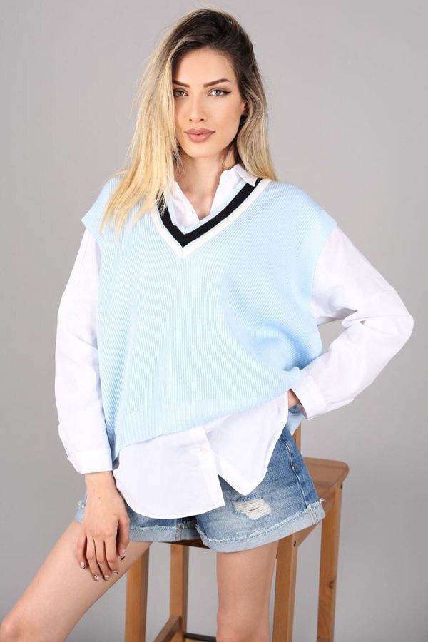 Madmext Madmext Women's Baby Blue V-Neck Striped Sweater
