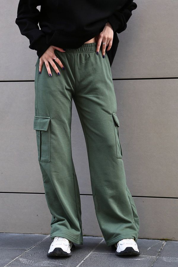 Madmext Madmext Women's Khaki Green Wide Leg Cargo Pocket Sweatpants