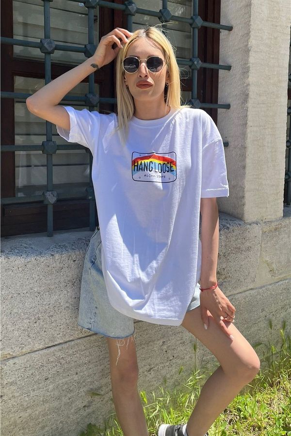 Madmext Madmext Women's White Oversized Printed T-shirt Mg808