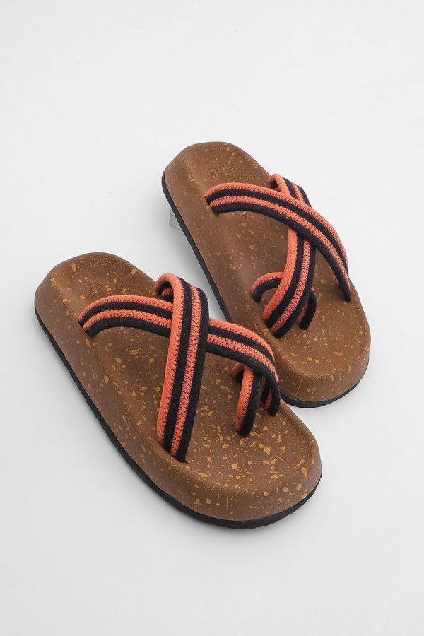 Marjin Marjin Men's Cork Sole Patterned Cotton Rope Flip Flops Cross Band Daily Slippers Sediv Orange