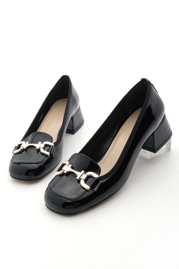 Marjin Marjin Women's Chunky Heel Buckled Flat Toe Classic Heeled Shoes Alesa Black Patent Leather
