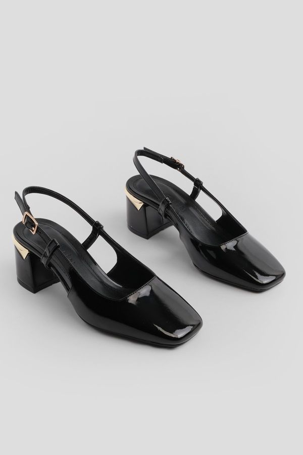 Marjin Marjin Women's Chunky Heel Open Back Scarf Classic Heel Shoes Licai Black Patent Leather