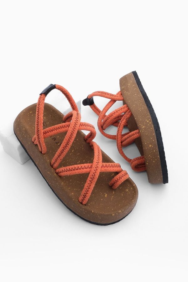 Marjin Marjin Women's Cork Sole Patterned Cotton Rope Cross Band Daily Sandals Hista Orange