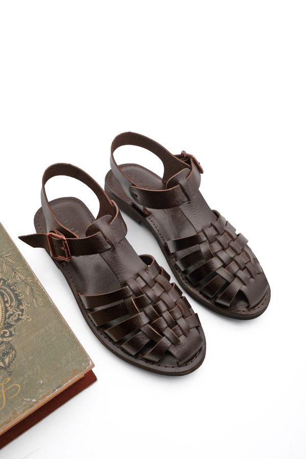 Marjin Marjin Women's Daily Sandals Made of Genuine Leather with Lightweight Eva Sole, Kesva Brown.