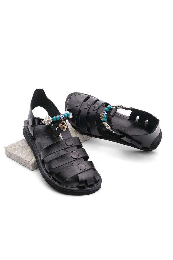 Marjin Marjin Women's Genuine Leather Accessoried Eva Sole Daily Sandals Kevas Black