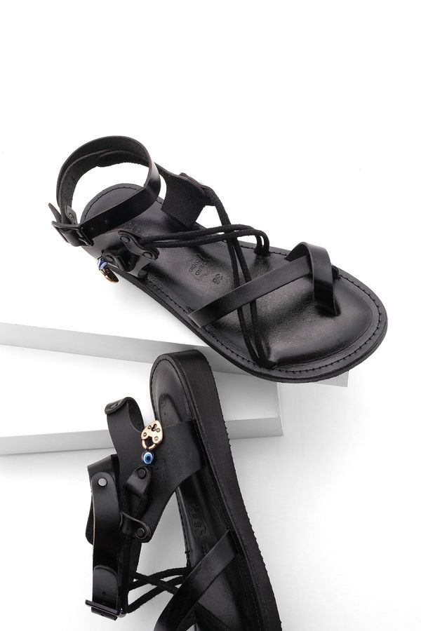 Marjin Marjin Women's Genuine Leather Accessoried Eva Sole With Crossed Threads Detail Daily Sandals Rivade Black.