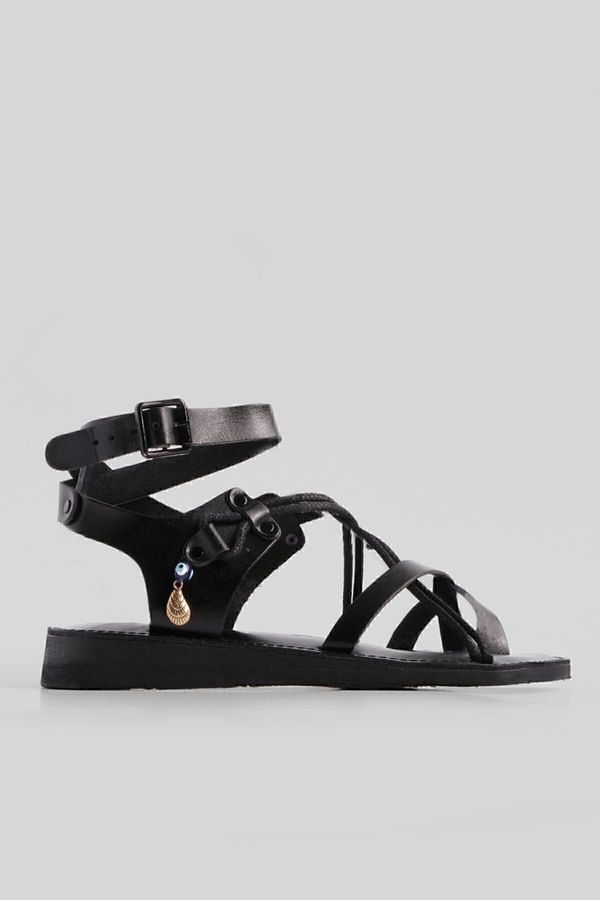 Marjin Marjin Women's Genuine Leather Accessoried Eva Sole With Crossed Threads Detail Daily Sandals Rivade Black.