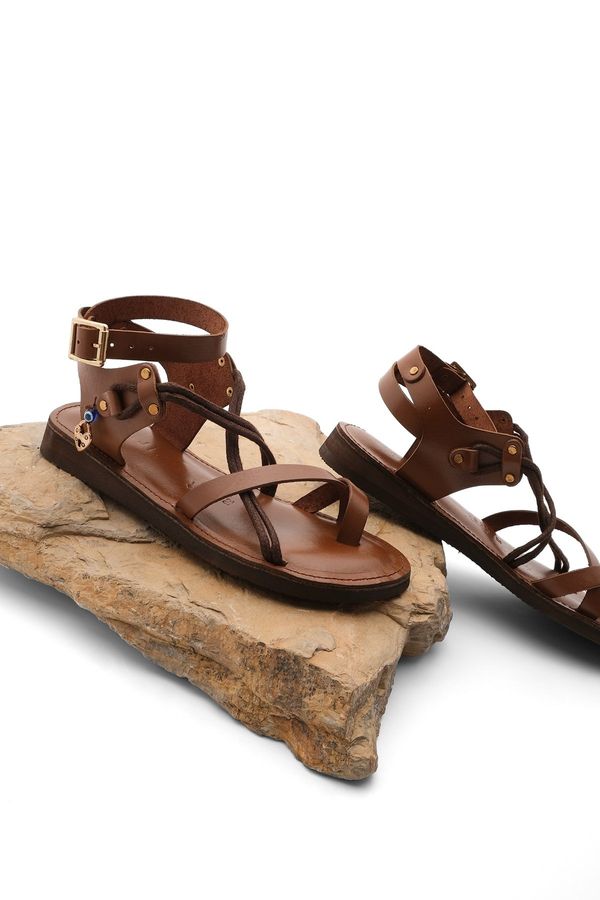 Marjin Marjin Women's Genuine Leather Accessoried Eva Sole With Crossed Threads Detail Daily Sandals Rivade Tan.