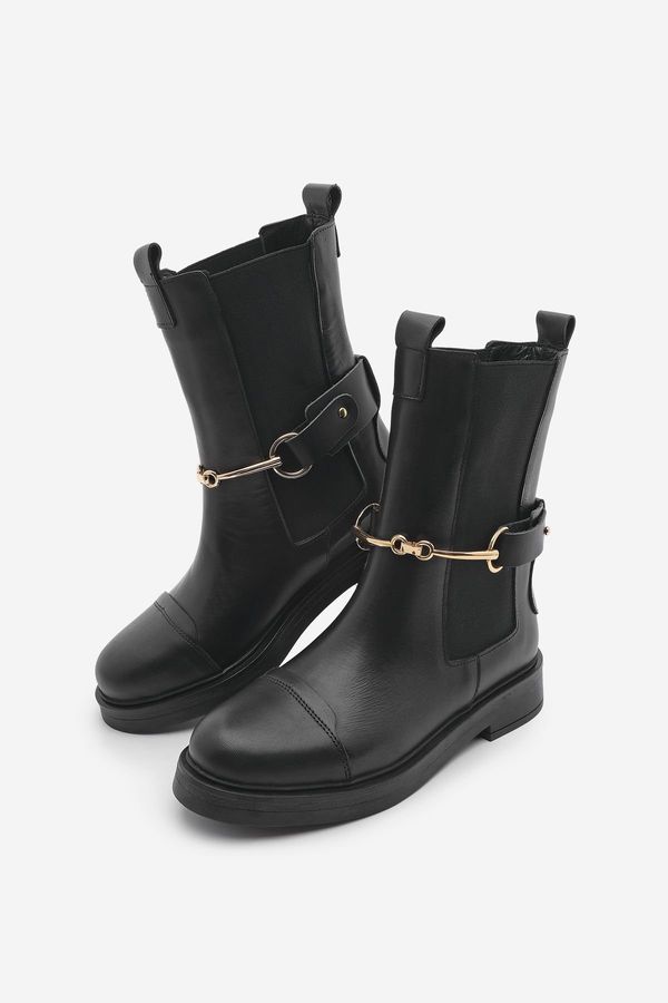 Marjin Marjin Women's Genuine Leather Casual Boots With Elastic Side Straps, Gold Chain Buckle Lorve black.