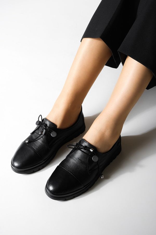 Marjin Marjin Women's Genuine Leather Comfort Casual Shoes with Lace-up Demas Black