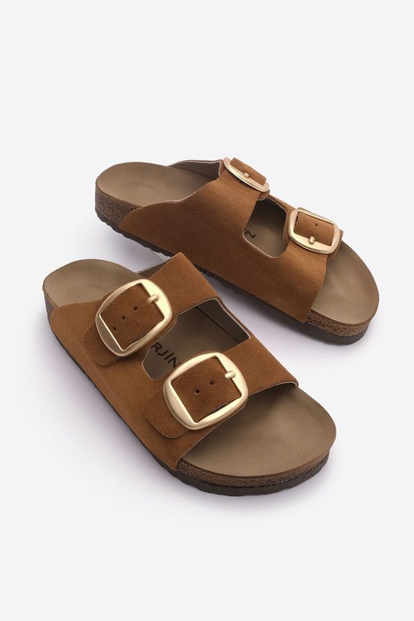 Marjin Marjin Women's Genuine Leather Daily Slippers Double-Stripes Slippers with Eva Sole Poly Tan.