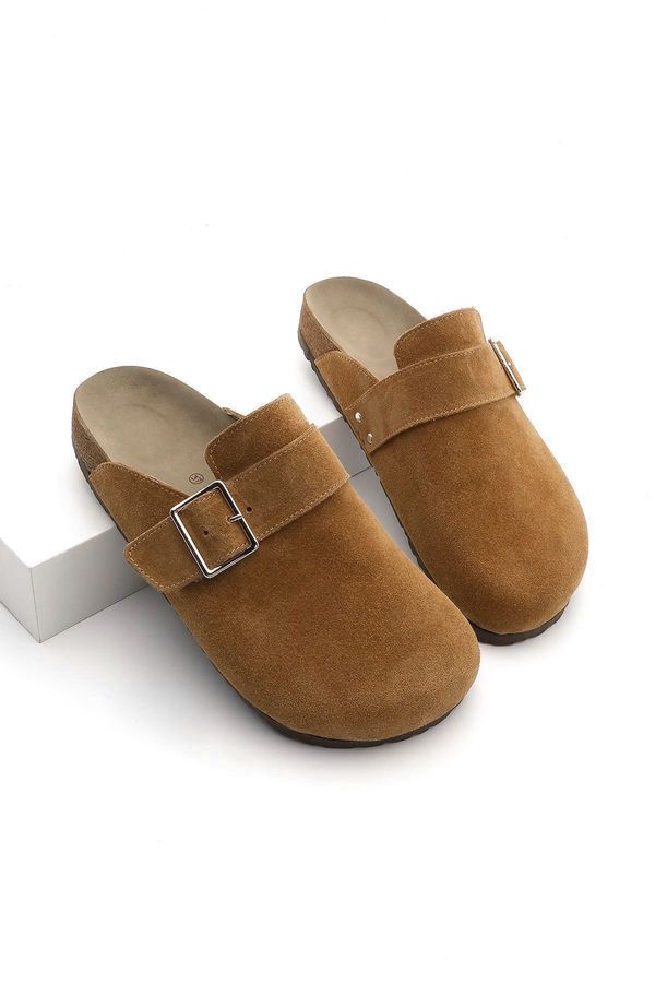 Marjin Marjin Women's Genuine Leather Eva Sole Closed Front Buckle Daily Slippers Sumpa Tan Suede