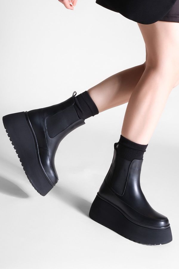 Marjin Marjin Women's Genuine Leather Wedge Heels Boots Tolen Black