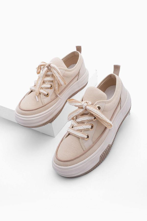 Marjin Marjin Women's High-Sole Sneakers, Linen Fabric Lace-Up Sneakers Hesna beige