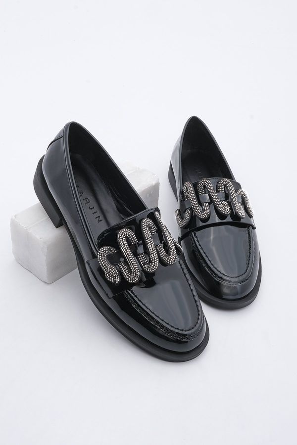 Marjin Marjin Women's Loafer Stoned Casual Shoes Alseka Black Patent Leather