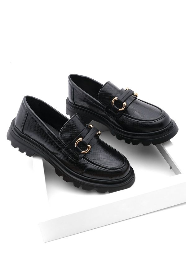 Marjin Marjin Women's Loafers High Sole Buckle Casual Shoes Kinles Black Snake