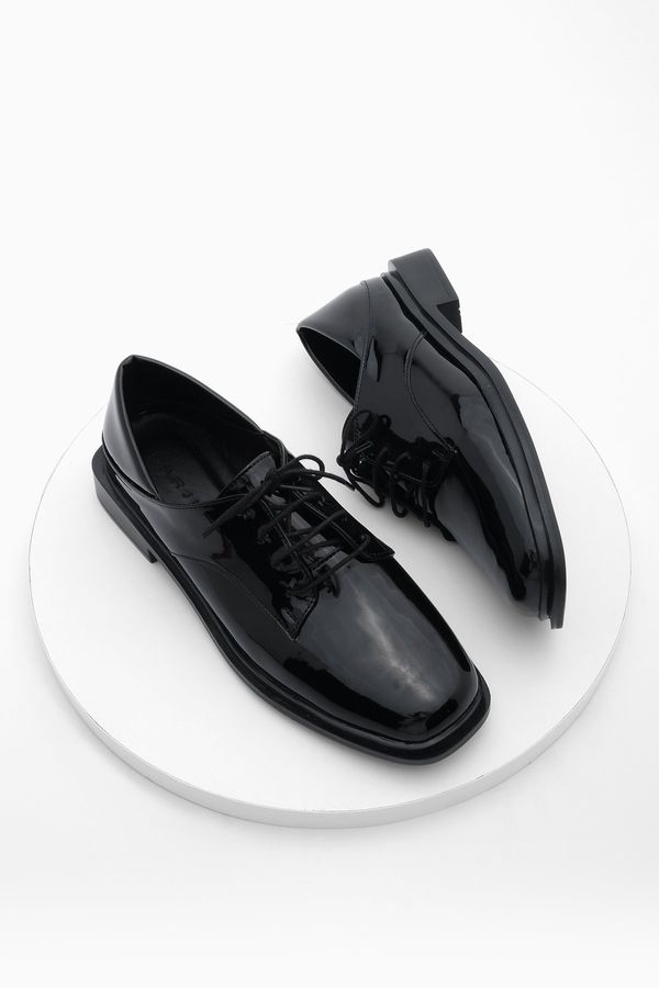 Marjin Marjin Women's Oxford Shoes Flat Toe Laced Masculin Casual Shoes Rilen Black Patent Leather