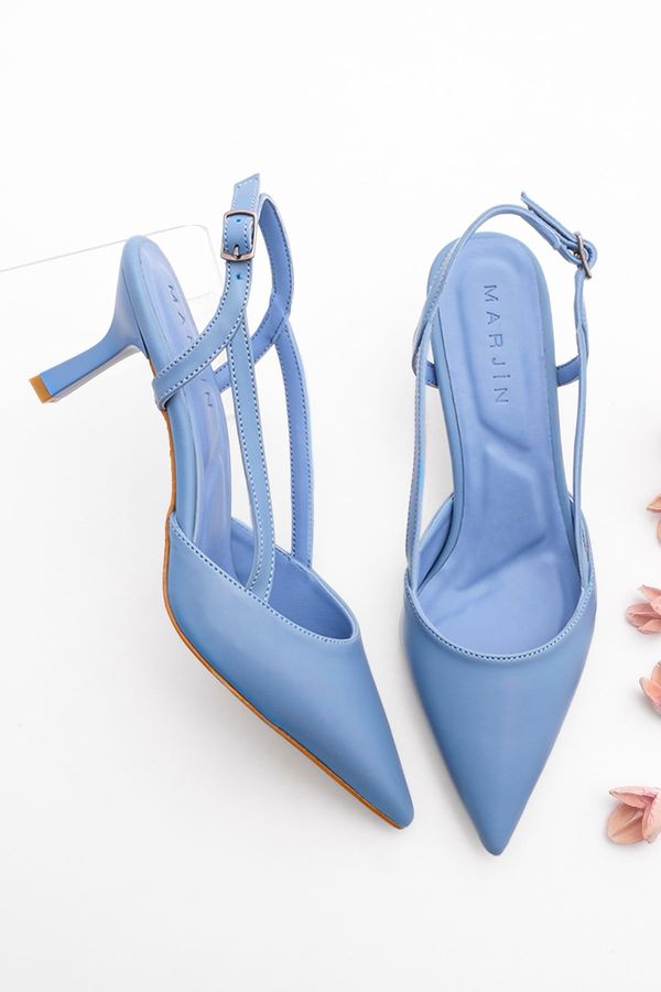 Marjin Marjin Women's Pointed Toe Open Side Strap Classic Heel Shoes Suder Blue