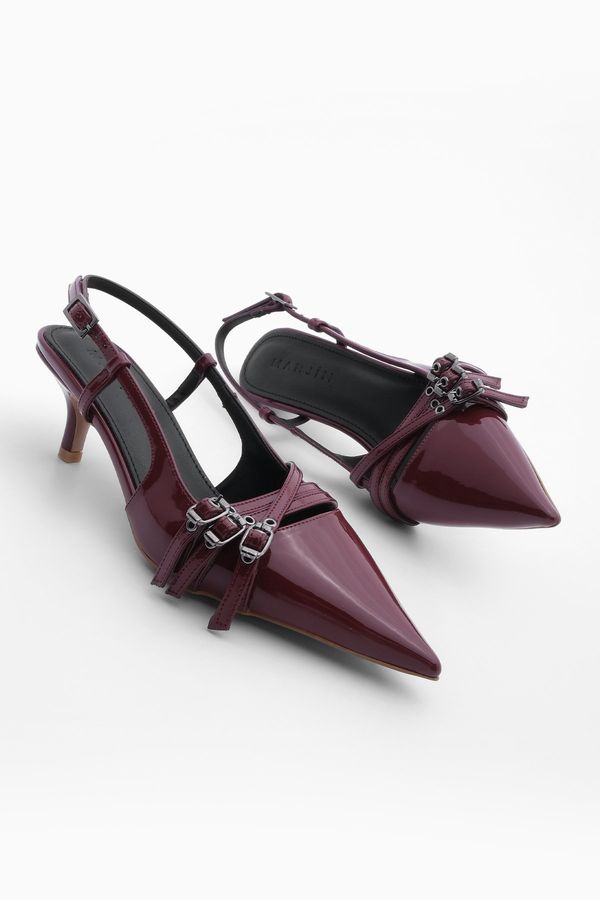 Marjin Marjin Women's Pointed Toe Thin Heel Three-Stripes Classic Heeled Shoes Lefar Burgundy Patent Leather