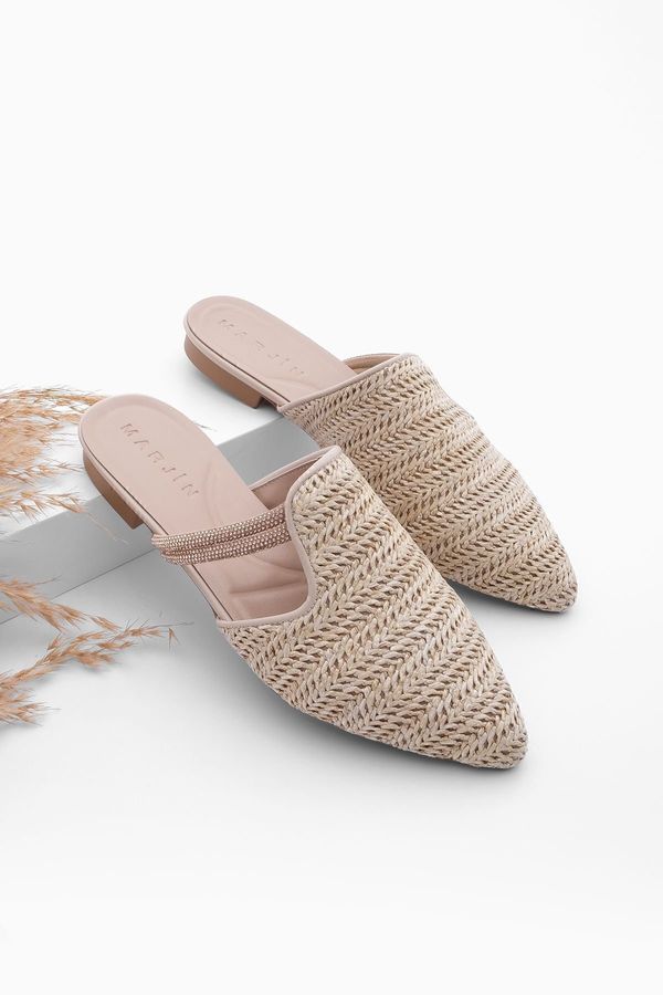 Marjin Marjin Women's Stone Straw Detail Daily Slippers Velon Beige