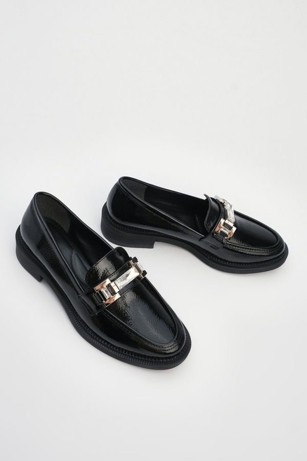 Marjin Marjin Women's Stony Buckle Loafers Casual Shoes Hosre Black Patent Leather.
