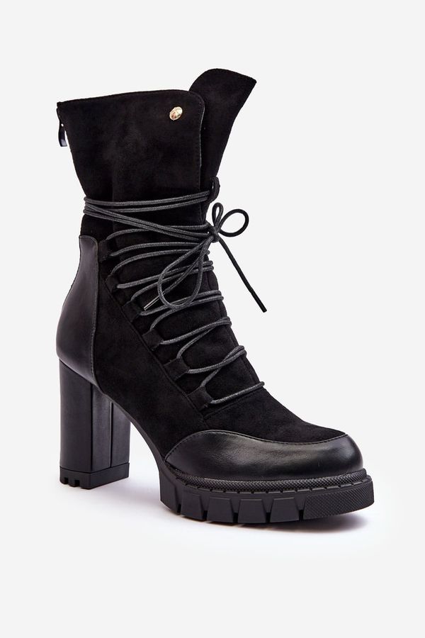 marka niezdefiniowana marka niezdefiniowana Women's Heeled Boots with Lacing Black Artie