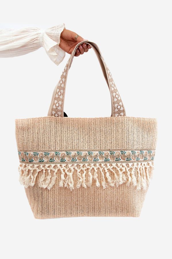 marka niezdefiniowana marka niezdefiniowana Woven Large Beach Bag with Tassels Beige Missalori