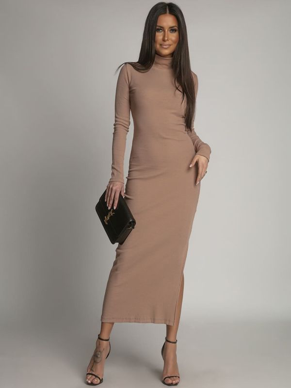 FASARDI Maxi dress with turtleneck and cappuccino side slit
