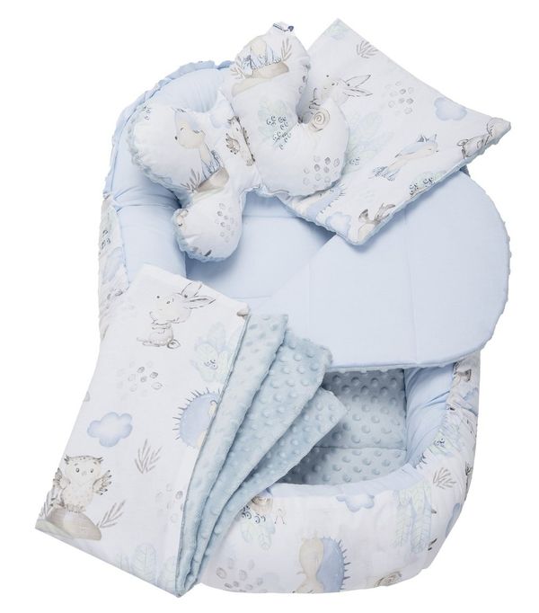 Medi Partners Medi Partners Cocoon in a 5-piece set (cocoon / insert / butterfly pillow / flat pillow / quilt 75x55) – Deer and hedgehog + light blue Minky