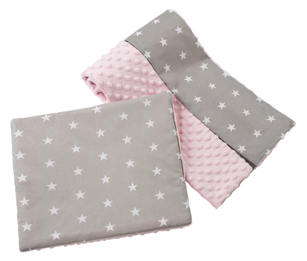 Medi Partners Medi Partners Quilt 75x100 + pillow 35x30 cotton + minky – White stars on gray + light pink minky