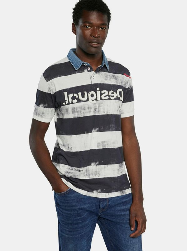 DESIGUAL Men's Black and White Striped Polo Shirt Desigual TS Julien - Men