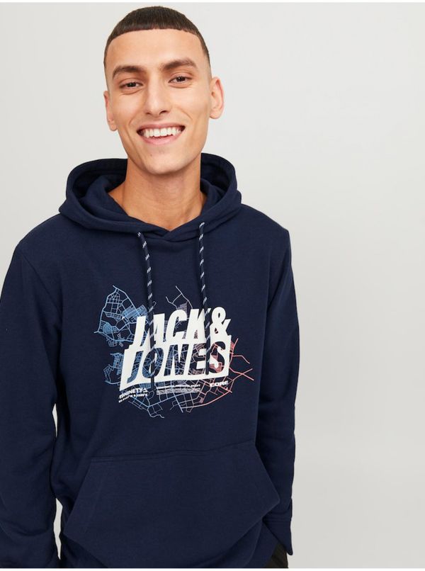 Jack & Jones Men's Dark Blue Hoodie Jack & Jones Map - Men's