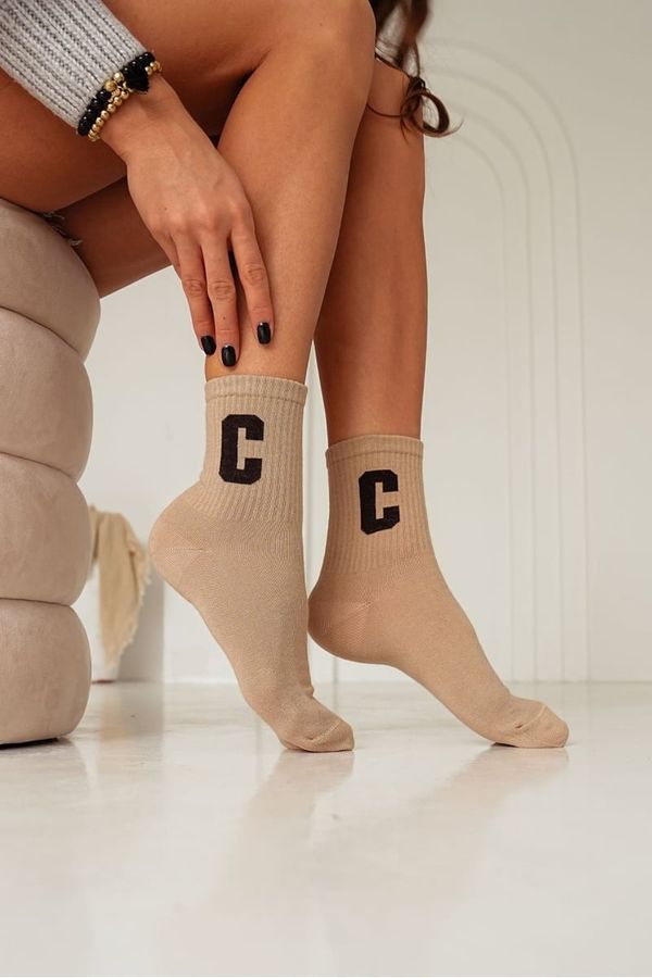 Milena Milena Ladies Cotton Socks With Letter C Beige