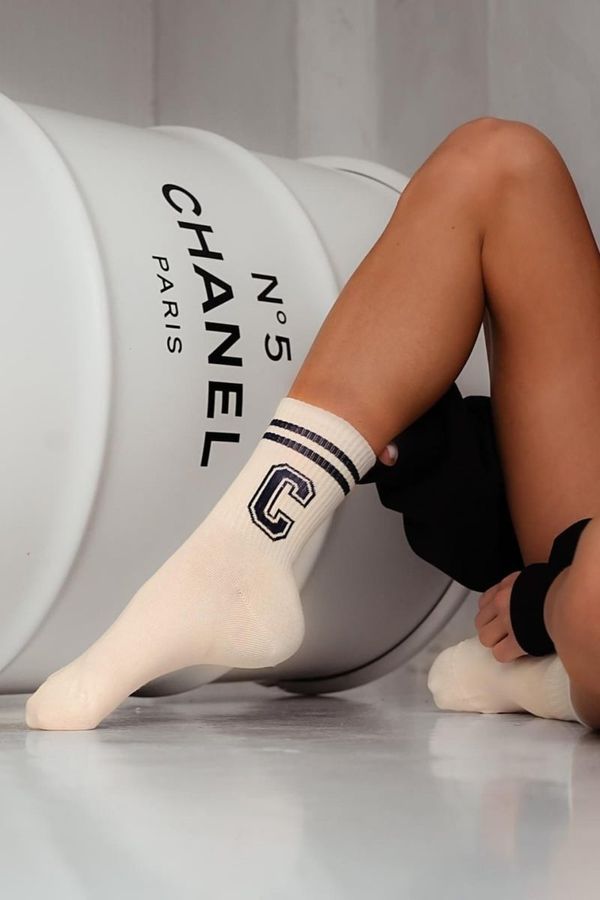 Milena Milena Women's Socks With Stripes And Letter C Ecru