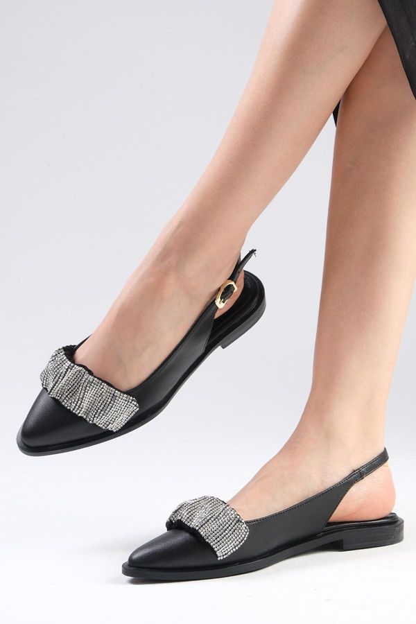 Mio Gusto Mio Gusto Aisha Women's Flat Shoes From Genuine Leather Black Color With Shirring Stone Band Flat Shoes.