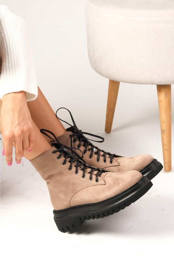 Mio Gusto Mio Gusto Alex Beige Color Suede Lace Up and Zipper Thick Soled Women's Boots