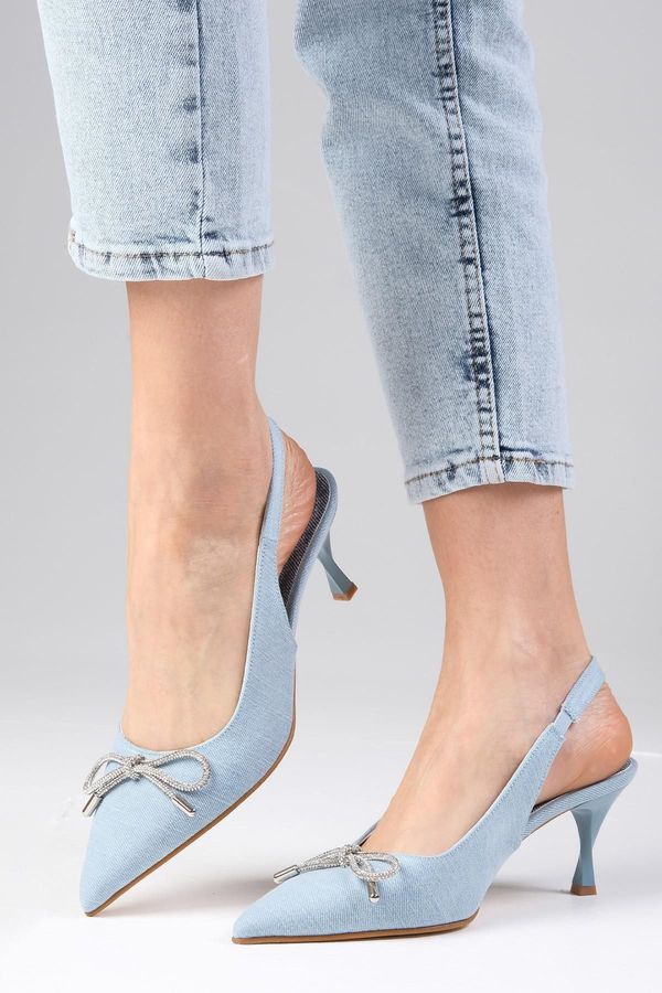 Mio Gusto Mio Gusto Alexis Ice Blue Color Denim Fabric Open Back Stone Bow Women's High Heels Shoes